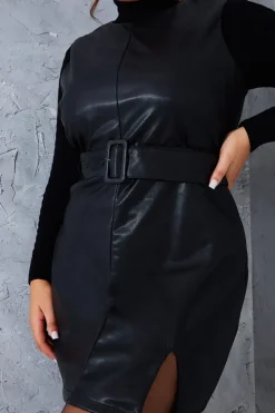 Sale In the Style Sleeveless Belted Leather Look Dress Black