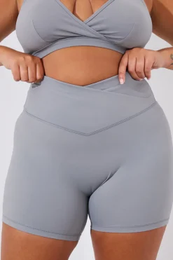 Sale In the Style Soft Touch Cross Over Waist Cycling Shorts Grey