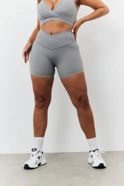 Sale In the Style Soft Touch Cross Over Waist Cycling Shorts Grey