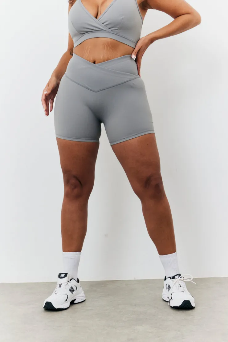 Sale In the Style Soft Touch Cross Over Waist Cycling Shorts Grey
