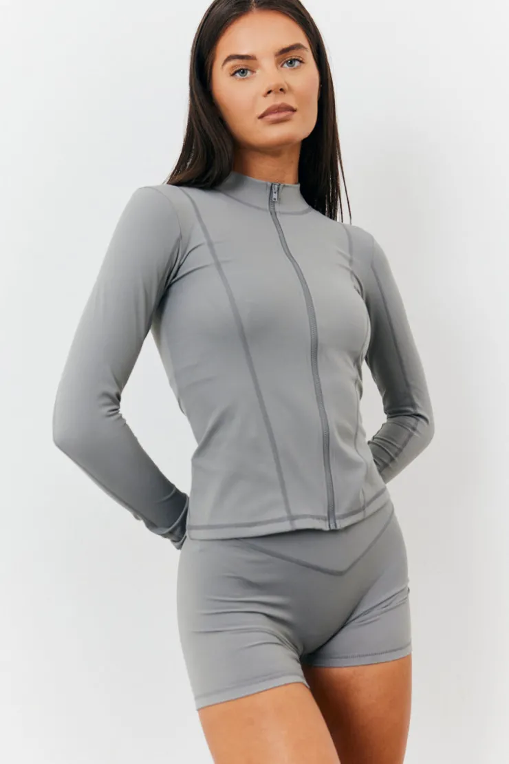 Sale In the Style Soft Touch Seam Detail Zip Through Jacket Grey