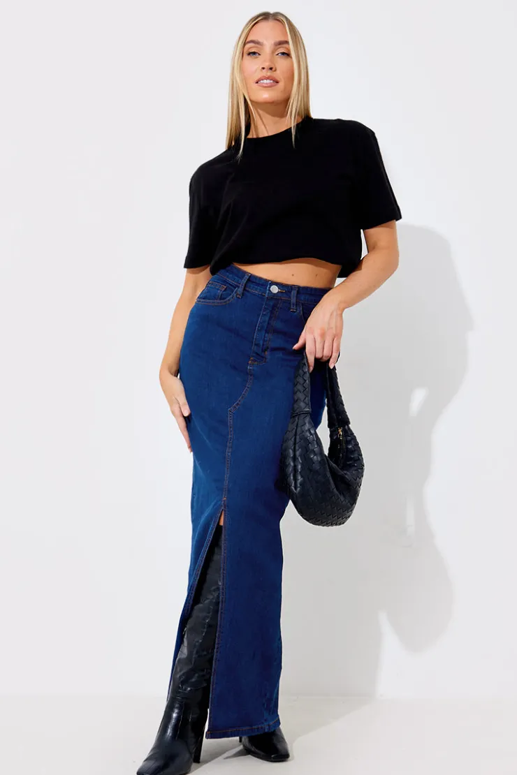 New In The Style Split Detail Denim Maxi Skirt Blue