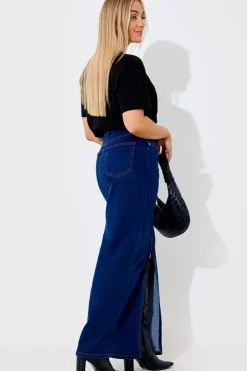New In The Style Split Detail Denim Maxi Skirt Blue