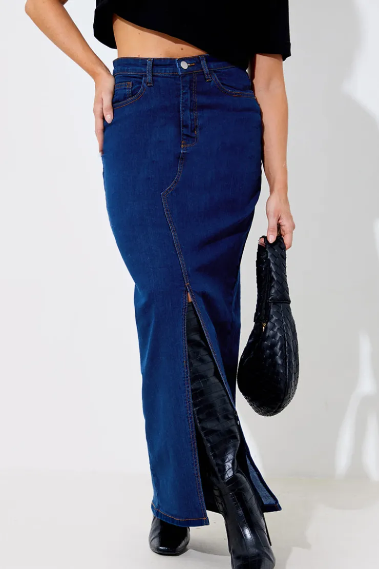 New In The Style Split Detail Denim Maxi Skirt Blue