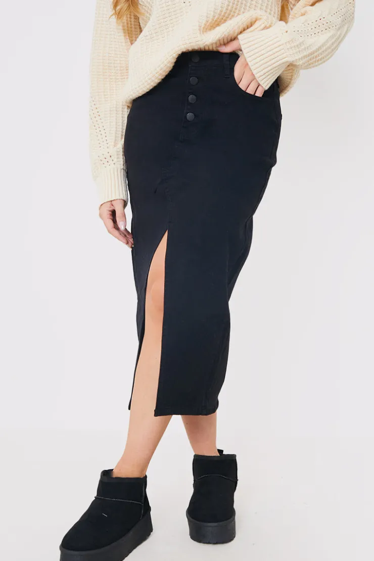 Hot In the Style Split Hem Denim Midi Skirt Black