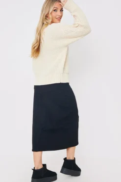 Hot In the Style Split Hem Denim Midi Skirt Black