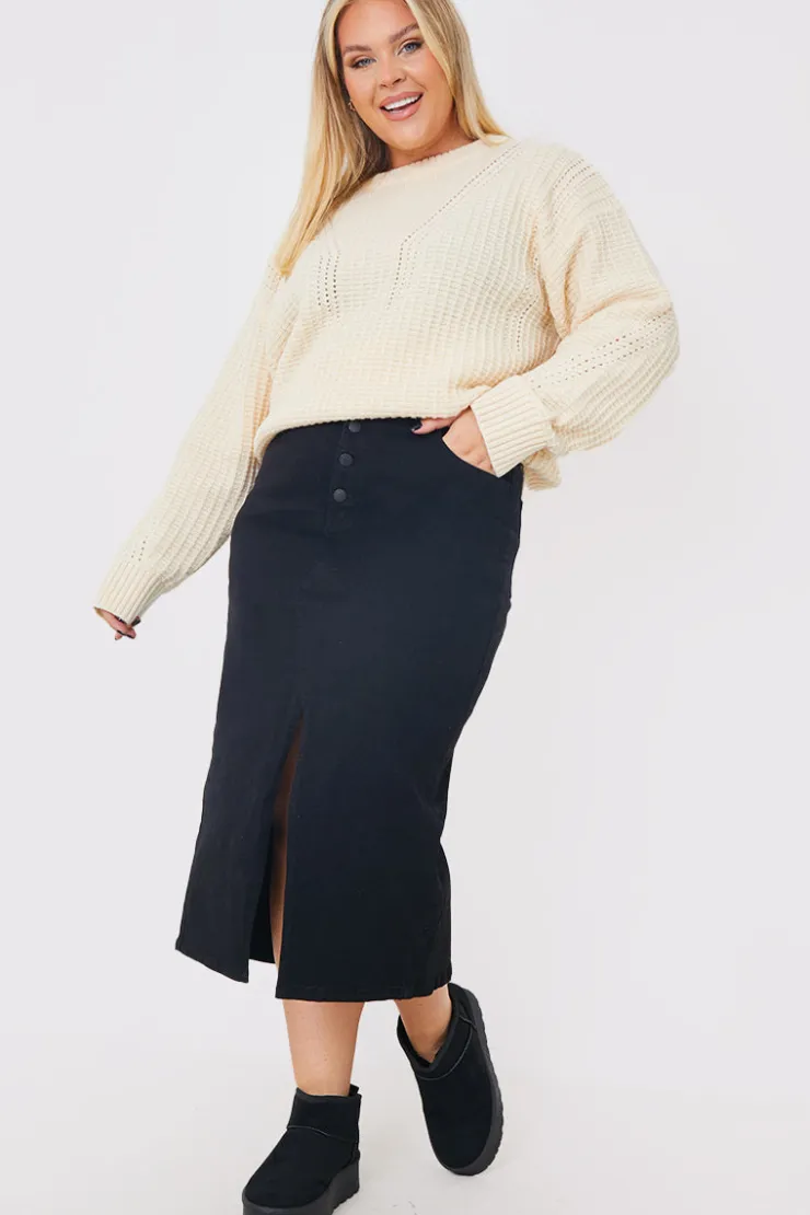 Hot In the Style Split Hem Denim Midi Skirt Black