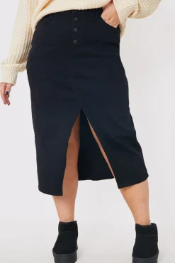 Hot In the Style Split Hem Denim Midi Skirt Black