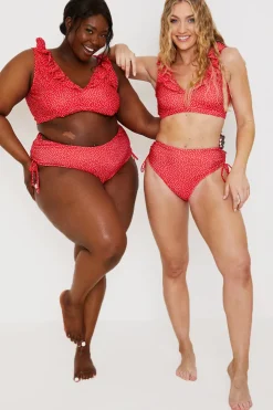 New In the Style Spot Print High Waisted Bikini Bottoms With Ruched Sides Red