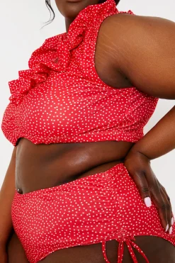 New In the Style Spot Print High Waisted Bikini Bottoms With Ruched Sides Red