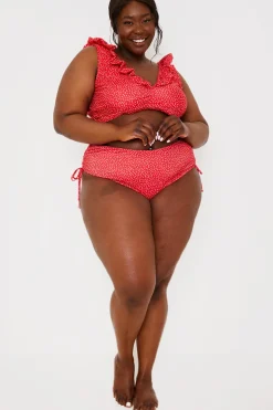 New In the Style Spot Print High Waisted Bikini Bottoms With Ruched Sides Red
