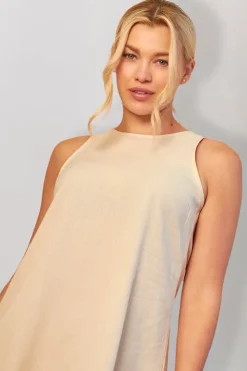 New In The Style Linen High Neck Sleeveless Smock Mini Dress Stone