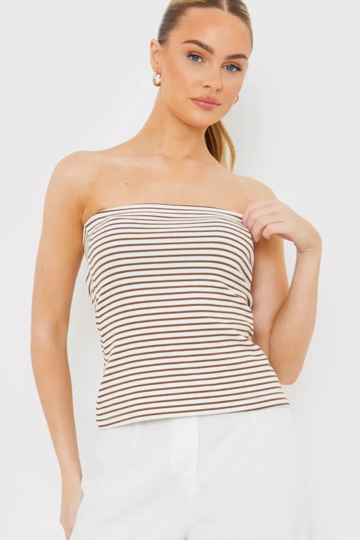 Hot In the Style Stripe Bandeau Top Brown