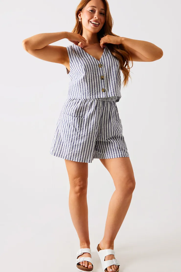 Hot In The Style Stripe Elasticated Waist Shorts Blue