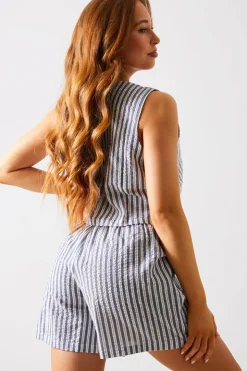 Hot In The Style Stripe Elasticated Waist Shorts Blue