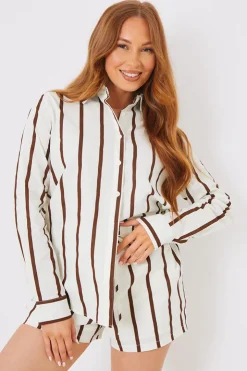 Discount In the Style Stripe Linen Look Drawstring Co-Ord Shorts Brown