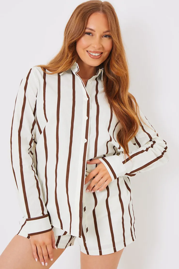 Discount In the Style Stripe Linen Look Drawstring Co-Ord Shorts Brown