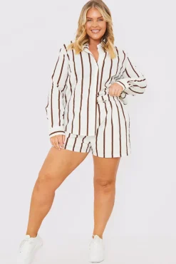Discount In the Style Stripe Linen Look Drawstring Co-Ord Shorts Brown
