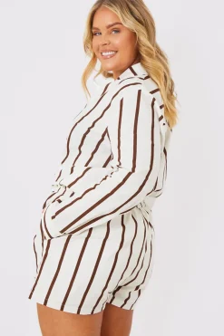 Discount In the Style Stripe Linen Look Drawstring Co-Ord Shorts Brown