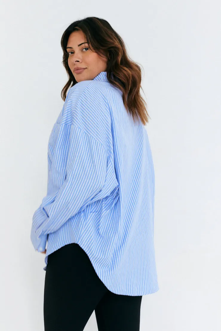 New In The Style Stripe Oversized Poplin Shirt Blue