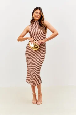Best In the Style Stripe Printed Mesh Bodycon Midaxi Dress Brown