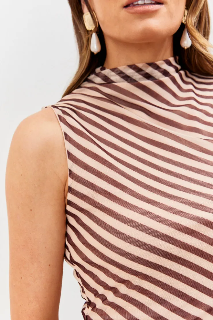 Best In the Style Stripe Printed Mesh Bodycon Midaxi Dress Brown