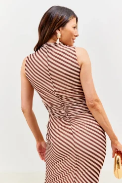 Best In the Style Stripe Printed Mesh Bodycon Midaxi Dress Brown