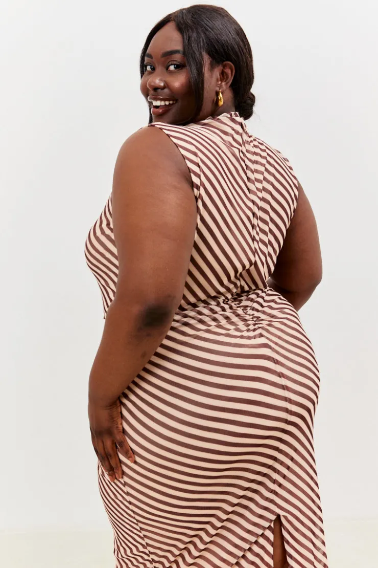 Best In the Style Stripe Printed Mesh Bodycon Midaxi Dress Brown