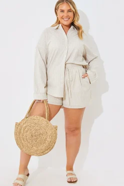 Best In the Style Striped Elasticated Waist Shorts Stone