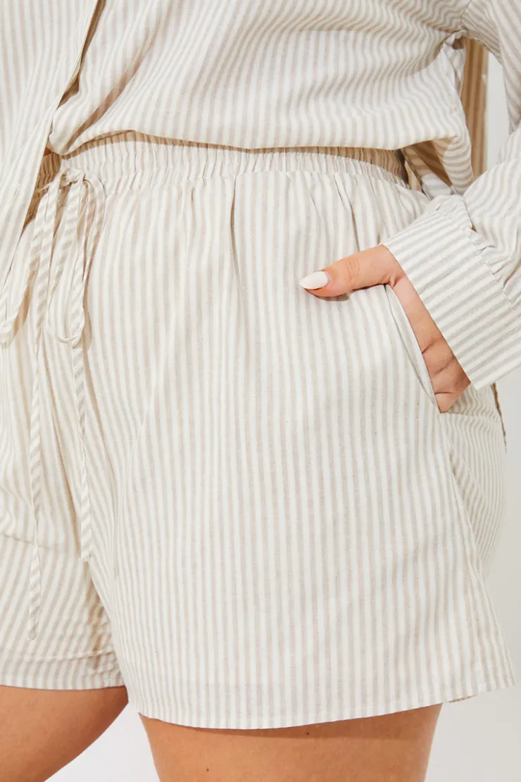 Best In the Style Striped Elasticated Waist Shorts Stone