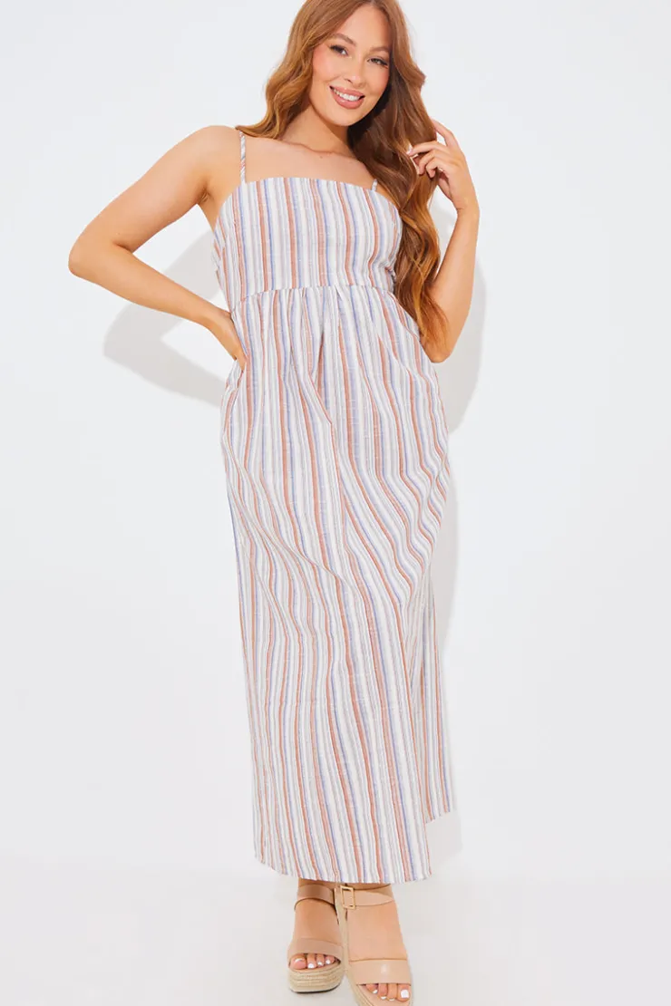 Sale In the Style Striped Linen Look Midaxi Dress Blue