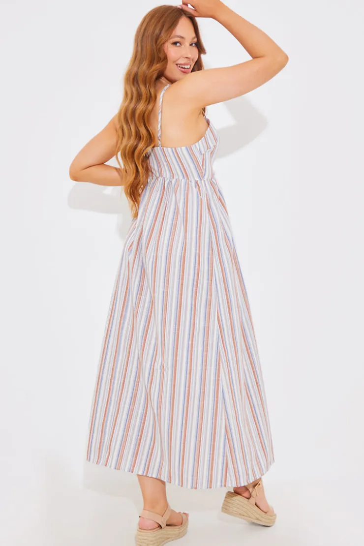 Sale In the Style Striped Linen Look Midaxi Dress Blue