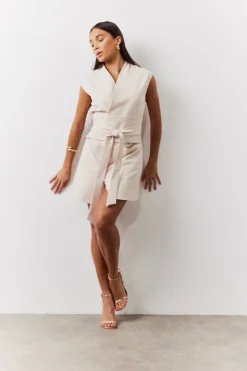 Discount In The Style Structured Pocket Detail Belted Mini Dress cream