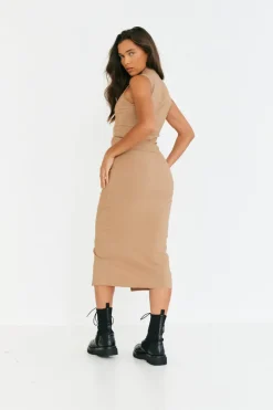 Sale In The Style Structured Split Front Co-Ord Midi Skirt Camel