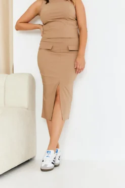 Sale In The Style Structured Split Front Co-Ord Midi Skirt Camel