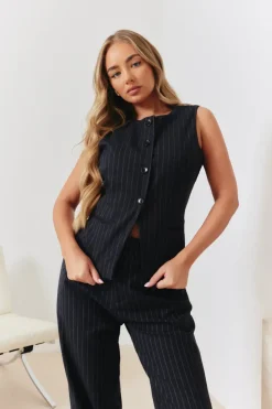 Best In the Style Tailored Pinstripe Round Neck Button Through Co-ord Waistcoat Navy