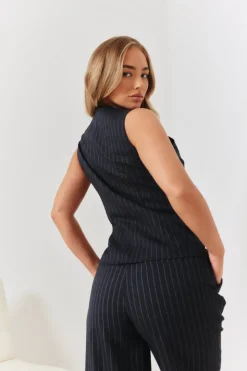 Best In the Style Tailored Pinstripe Round Neck Button Through Co-ord Waistcoat Navy