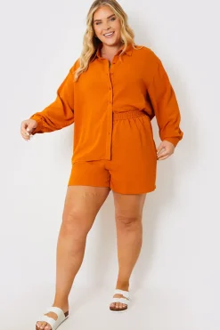 New In the Style Textured Button Up Co-Ord Beach Shirt Orange