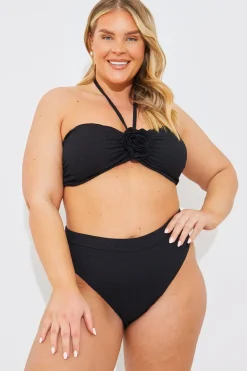 Outlet In the Style Textured Corsage Halter Neck Bikini Top Black