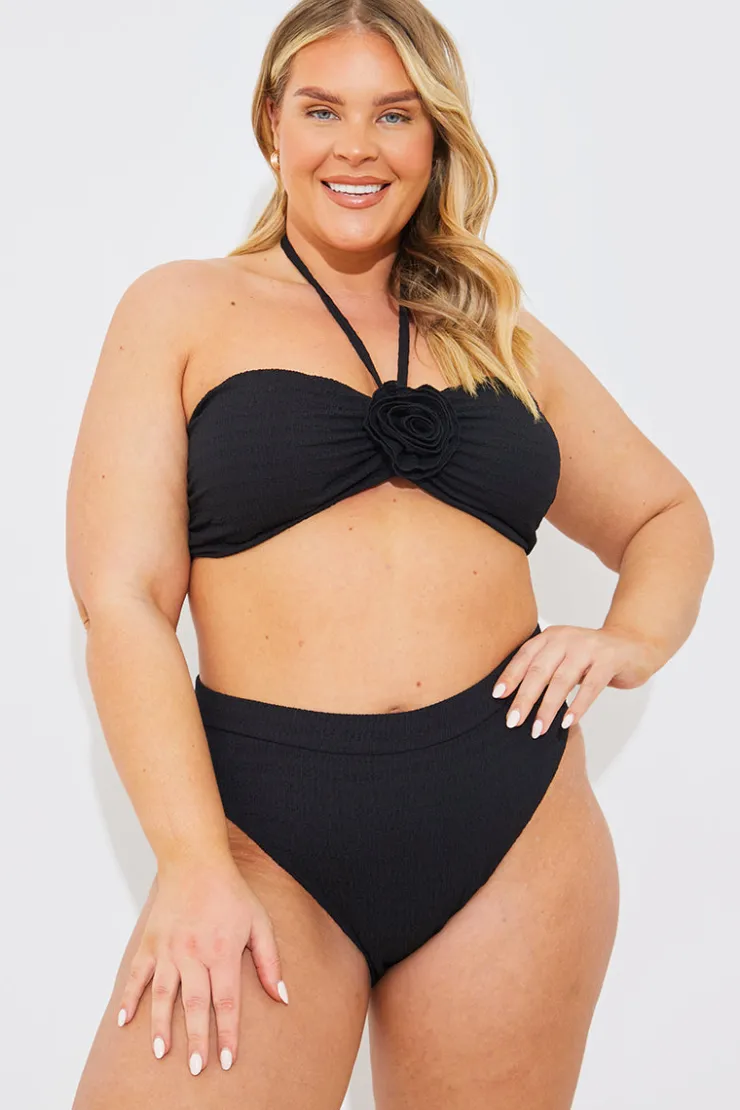 Outlet In the Style Textured Corsage Halter Neck Bikini Top Black