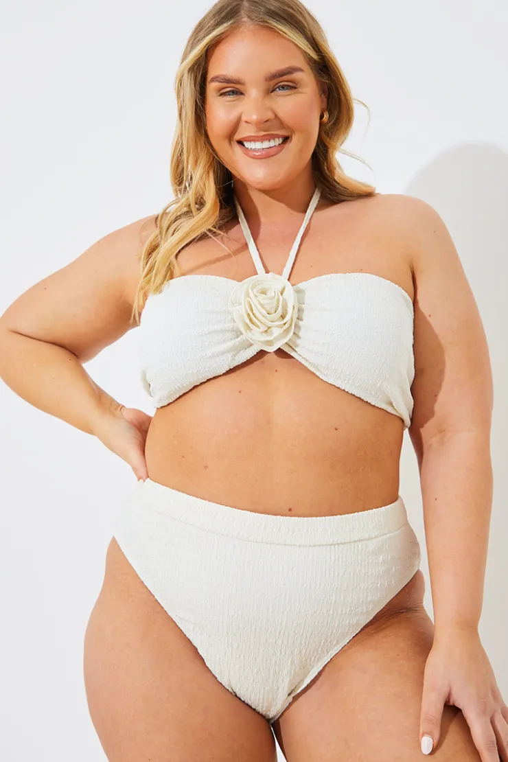 Clearance In the Style Textured Corsage Halterneck Bikini Top Cream