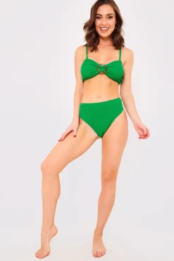 Sale Billie Faiers Textured Crinkle High Leg Bikini Bottoms Green