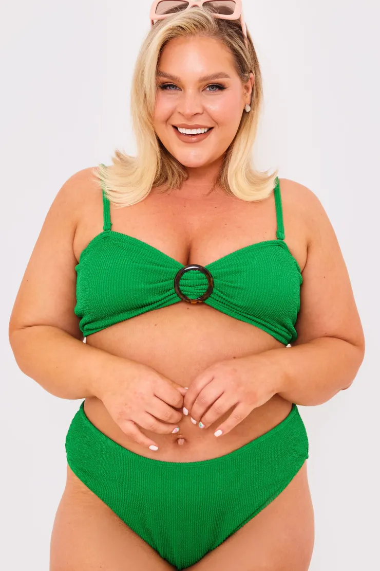Sale Billie Faiers Textured Crinkle High Leg Bikini Bottoms Green