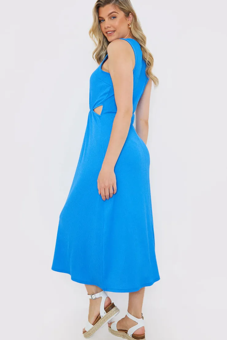 Hot In the Style Textured Cut Out Midi Dress Blue