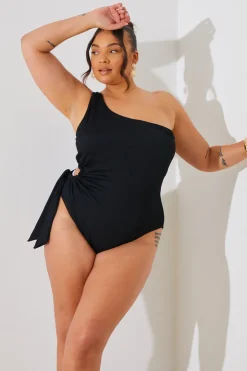 Clearance In the Style Textured Cut Out Side Detail One Shoulder Swimsuit Black