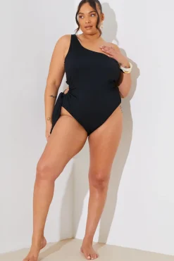 Clearance In the Style Textured Cut Out Side Detail One Shoulder Swimsuit Black