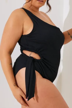 Clearance In the Style Textured Cut Out Side Detail One Shoulder Swimsuit Black
