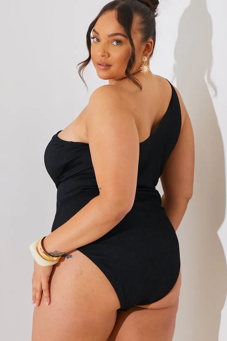 Clearance In the Style Textured Cut Out Side Detail One Shoulder Swimsuit Black