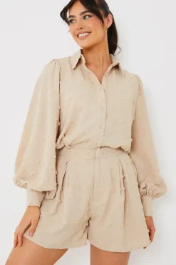 Discount In the Style Textured Dobby Detail Co-Ord Shorts Stone