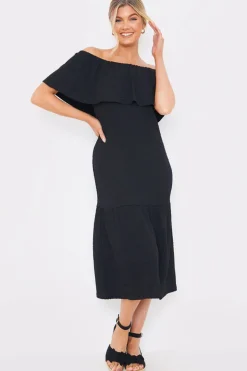 Sale In the Style Textured Frill Bardot Midi Dress Black